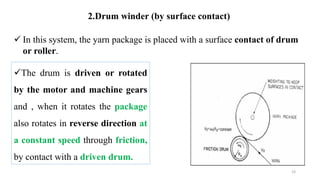 2.Drum winder (by surface contact)
The drum is driven or rotated
by the motor and machine gears
and , when it rotates the package
also rotates in reverse direction at
a constant speed through friction,
by contact with a driven drum.
23
 In this system, the yarn package is placed with a surface contact of drum
or roller.
 