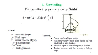 1. Unwinding
Factors affecting yarn tension by Grishin
9
 