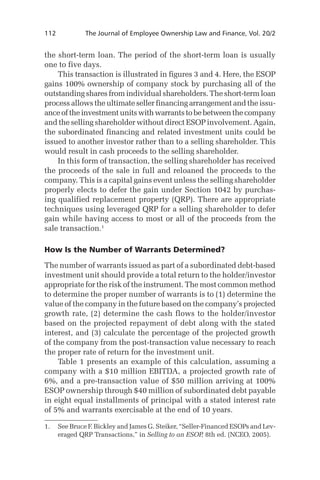 112	

The Journal of Employee Ownership Law and Finance, Vol. 20/2

the short-term loan. The period of the short-term loan is usually
one to five days.
This transaction is illustrated in figures 3 and 4. Here, the ESOP
gains 100% ownership of company stock by purchasing all of the
outstanding shares from individual shareholders. The short-term loan
process allows the ultimate seller financing arrangement and the issuance of the investment units with warrants to be between the company
and the selling shareholder without direct ESOP involvement. Again,
the subordinated financing and related investment units could be
issued to another investor rather than to a selling shareholder. This
would result in cash proceeds to the selling shareholder.
In this form of transaction, the selling shareholder has received
the proceeds of the sale in full and reloaned the proceeds to the
company. This is a capital gains event unless the selling shareholder
properly elects to defer the gain under Section 1042 by purchasing qualified replacement property (QRP). There are appropriate
techniques using leveraged QRP for a selling shareholder to defer
gain while having access to most or all of the proceeds from the
sale transaction.
How Is the Number of Warrants Determined?
The number of warrants issued as part of a subordinated debt-based
investment unit should provide a total return to the holder/investor
appropriate for the risk of the instrument. The most common method
to determine the proper number of warrants is to (1) determine the
value of the company in the future based on the company’s projected
growth rate, (2) determine the cash flows to the holder/investor
based on the projected repayment of debt along with the stated
interest, and (3) calculate the percentage of the projected growth
of the company from the post-transaction value necessary to reach
the proper rate of return for the investment unit.
Table 1 presents an example of this calculation, assuming a
company with a $10 million EBITDA, a projected growth rate of
6%, and a pre-transaction value of $50 million arriving at 100%
ESOP ownership through $40 million of subordinated debt payable
in eight equal installments of principal with a stated interest rate
of 5% and warrants exercisable at the end of 10 years.
.	 See Bruce F. Bickley and James G. Steiker, “Seller-Financed ESOPs and Leveraged QRP Transactions,” in Selling to an ESOP, 8th ed. (NCEO, 2005).

 