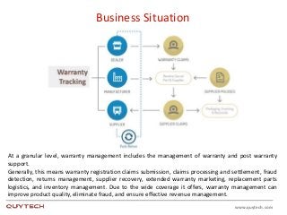 www.quytech.com
Business Situation
At a granular level, warranty management includes the management of warranty and post warranty
support.
Generally, this means warranty registration claims submission, claims processing and settlement, fraud
detection, returns management, supplier recovery, extended warranty marketing, replacement parts
logistics, and inventory management. Due to the wide coverage it offers, warranty management can
improve product quality, eliminate fraud, and ensure effective revenue management.
 