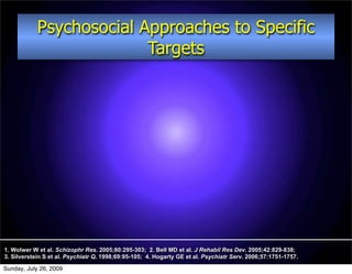 Psychosocial Approaches to Specific
                          Targets




1. Wolwer W et al. Schizophr Res. 2005;80:295-303; 2. Bell MD et al. J Rehabil Res Dev. 2005;42:829-838;
3. Silverstein S et al. Psychiatr Q. 1998;69:95-105; 4. Hogarty GE et al. Psychiatr Serv. 2006;57:1751-1757.

Sunday, July 26, 2009
 