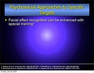 Psychosocial Approaches to Specific
                          Targets
         Facial affect recognition can be enhanced with
          special training1




1. Wolwer W et al. Schizophr Res. 2005;80:295-303; 2. Bell MD et al. J Rehabil Res Dev. 2005;42:829-838;
3. Silverstein S et al. Psychiatr Q. 1998;69:95-105; 4. Hogarty GE et al. Psychiatr Serv. 2006;57:1751-1757.

Sunday, July 26, 2009
 