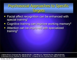 Psychosocial Approaches to Specific
                          Targets
         Facial affect recognition can be enhanced with
          special training1
         Cognitive training can improve working memory2
         Attention can be improved with specialized
          training3




1. Wolwer W et al. Schizophr Res. 2005;80:295-303; 2. Bell MD et al. J Rehabil Res Dev. 2005;42:829-838;
3. Silverstein S et al. Psychiatr Q. 1998;69:95-105; 4. Hogarty GE et al. Psychiatr Serv. 2006;57:1751-1757.

Sunday, July 26, 2009
 