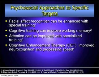 Psychosocial Approaches to Specific
                          Targets
         Facial affect recognition can be enhanced with
          special training1
         Cognitive training can improve working memory2
         Attention can be improved with specialized
          training3
         Cognitive Enhancement Therapy (CET) improved
          neurocognition and processing speed4




1. Wolwer W et al. Schizophr Res. 2005;80:295-303; 2. Bell MD et al. J Rehabil Res Dev. 2005;42:829-838;
3. Silverstein S et al. Psychiatr Q. 1998;69:95-105; 4. Hogarty GE et al. Psychiatr Serv. 2006;57:1751-1757.

Sunday, July 26, 2009
 