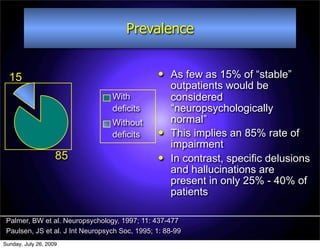 Prevalence


  15                                                As few as 15% of “stable”
                                                     outpatients would be
                                  With               considered
                                  deficits           “neuropsychologically
                                  Without            normal”
                                  deficits          This implies an 85% rate of
                                                     impairment
                    85                              In contrast, specific delusions
                                                     and hallucinations are
                                                     present in only 25% - 40% of
                                                     patients

 Palmer, BW et al. Neuropsychology, 1997; 11: 437-477
 Paulsen, JS et al. J Int Neuropsych Soc, 1995; 1: 88-99
Sunday, July 26, 2009
 