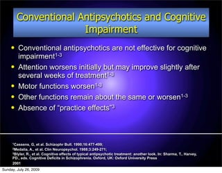 Conventional Antipsychotics and Cognitive
                       Impairment
        Conventional antipsychotics are not effective for cognitive
         impairment1-3
        Attention worsens initially but may improve slightly after
         several weeks of treatment1-3
        Motor functions worsen1-3
        Other functions remain about the same or worsen1-3
        Absence of “practice effects”3



     1Cassens,   G, et al. Schizophr Bull. 1990;16:477-499;
     2Medalia, A., et al. Clin Neuropsychol. 1988;3:249-271;
     3Blyler, R., et al. Cognitive effects of typical antipsychotic treatment: another look. In: Sharma, T., Harvey,

     PD., eds. Cognitive Deficits in Schizophrenia. Oxford, UK: Oxford University Press
     2001
Sunday, July 26, 2009
 