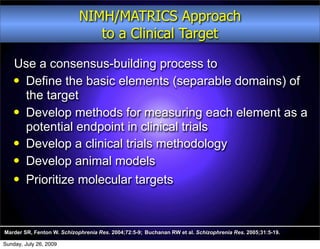 NIMH/MATRICS Approach
                               to a Clinical Target

    Use a consensus-building process to
     Define the basic elements (separable domains) of

      the target
     Develop methods for measuring each element as a

      potential endpoint in clinical trials
     Develop a clinical trials methodology

     Develop animal models


     Prioritize molecular targets




Marder SR, Fenton W. Schizophrenia Res. 2004;72:5-9; Buchanan RW et al. Schizophrenia Res. 2005;31:5-19.

Sunday, July 26, 2009
 