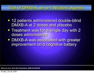 Trial of DMXB-A, an α-7 Nicotinic Agonist

             12 patients administered double-blind
              DMXB-A at 2 doses and placebo
             Treatment was for a single day with 2
              doses administered
             DMXB-A was associated with greater
              improvement on a cognitive battery




Olincy A et al. Arch Gen Psychiatry. 2006;63:630-638.

Sunday, July 26, 2009
 