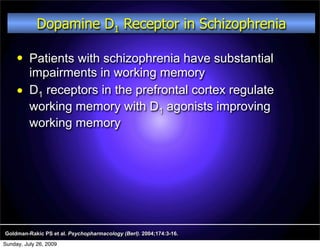 Dopamine D1 Receptor in Schizophrenia

         Patients with schizophrenia have substantial
          impairments in working memory
         D1 receptors in the prefrontal cortex regulate
          working memory with D1 agonists improving
          working memory




Goldman-Rakic PS et al. Psychopharmacology (Berl). 2004;174:3-16.
Sunday, July 26, 2009
 