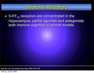 Serotonin Receptors
         5-HT1A receptors are concentrated in the
          hippocampus; partial agonists and antagonists
          both improve cognition in animal models




Roth BL et al. Psychopharmacology. 2004;174:17-24.
Sunday, July 26, 2009
 
