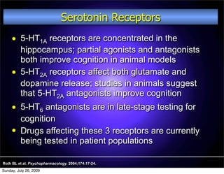 Serotonin Receptors
         5-HT1A receptors are concentrated in the
          hippocampus; partial agonists and antagonists
          both improve cognition in animal models
         5-HT2A receptors affect both glutamate and
          dopamine release; studies in animals suggest
          that 5-HT2A antagonists improve cognition
         5-HT6 antagonists are in late-stage testing for
          cognition
         Drugs affecting these 3 receptors are currently
          being tested in patient populations

Roth BL et al. Psychopharmacology. 2004;174:17-24.
Sunday, July 26, 2009
 