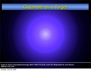 Glutamate as a Target




Coyle JT, Tsai G. Psychopharmacology (Berl). 2004;174:32-38; Lewis DA, Moghaddam B. Arch Neurol.
2006;63:1372-1376.

Sunday, July 26, 2009
 