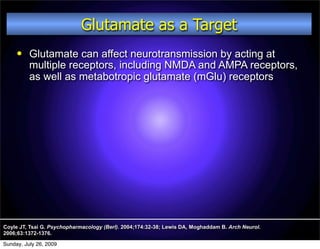 Glutamate as a Target
         Glutamate can affect neurotransmission by acting at
          multiple receptors, including NMDA and AMPA receptors,
          as well as metabotropic glutamate (mGlu) receptors




Coyle JT, Tsai G. Psychopharmacology (Berl). 2004;174:32-38; Lewis DA, Moghaddam B. Arch Neurol.
2006;63:1372-1376.

Sunday, July 26, 2009
 