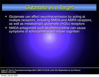 Glutamate as a Target
         Glutamate can affect neurotransmission by acting at
          multiple receptors, including NMDA and AMPA receptors,
          as well as metabotropic glutamate (mGlu) receptors
         NMDA antagonists such as phencyclidine can cause
          symptoms of schizophrenia and impair cognition




Coyle JT, Tsai G. Psychopharmacology (Berl). 2004;174:32-38; Lewis DA, Moghaddam B. Arch Neurol.
2006;63:1372-1376.

Sunday, July 26, 2009
 