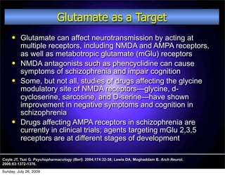 Glutamate as a Target
         Glutamate can affect neurotransmission by acting at
          multiple receptors, including NMDA and AMPA receptors,
          as well as metabotropic glutamate (mGlu) receptors
         NMDA antagonists such as phencyclidine can cause
          symptoms of schizophrenia and impair cognition
         Some, but not all, studies of drugs affecting the glycine
          modulatory site of NMDA receptors—glycine, d-
          cycloserine, sarcosine, and D-serine—have shown
          improvement in negative symptoms and cognition in
          schizophrenia
         Drugs affecting AMPA receptors in schizophrenia are
          currently in clinical trials; agents targeting mGlu 2,3,5
          receptors are at different stages of development

Coyle JT, Tsai G. Psychopharmacology (Berl). 2004;174:32-38; Lewis DA, Moghaddam B. Arch Neurol.
2006;63:1372-1376.

Sunday, July 26, 2009
 