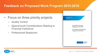 Feedback on Proposed Work Program 2015-2016 
Page 14 | Confidential and Proprietary Information 
• Focus on three priority projects 
– Quality Control 
– Special Audit Considerations Relating to 
Financial Institutions 
– Professional Skepticism 
 