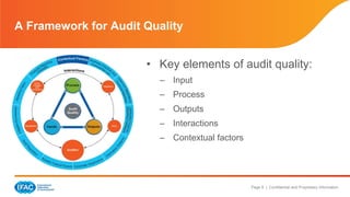 Page 8 | Confidential and Proprietary Information 
A Framework for Audit Quality 
• Key elements of audit quality: 
– Input 
– Process 
– Outputs 
– Interactions 
– Contextual factors 
 