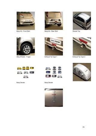 15
Body Kit - Front Skirt Body Kit - Rear Skirt Decals Top
Alloy Wheels - Y type Exhaust Tip Type 1 Exhaust Tip Type 2
Body Decals Body Decals
 