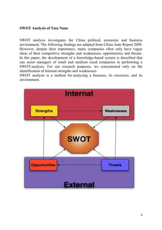 6
SWOT Analysis of Tata Nano
SWOT analysis investigates the China political, economic and business
environment. The following findings are adapted from China Auto Report 2009.
However, despite their importance, many companies often only have vague
ideas of their competitive strengths and weaknesses, opportunities and threats.
In this paper, the development of a knowledge-based system is described that
can assist managers of small and medium sized companies in performing a
SWOT-analysis. For our research purposes, we concentrated only on the
identification of internal strengths and weaknesses
SWOT analysis is a method for analysing a business, its resources, and its
environment.
 