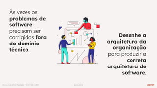 warren.com.br
warren.com.br
Conwayʼs Law & Team Topologies | Warren Talks | 2023
Às vezes os
problemas de
software
precisam ser
corrigidos fora
do domínio
técnico.
Desenhe a
arquitetura da
organização
para produzir a
correta
arquitetura de
software.
 