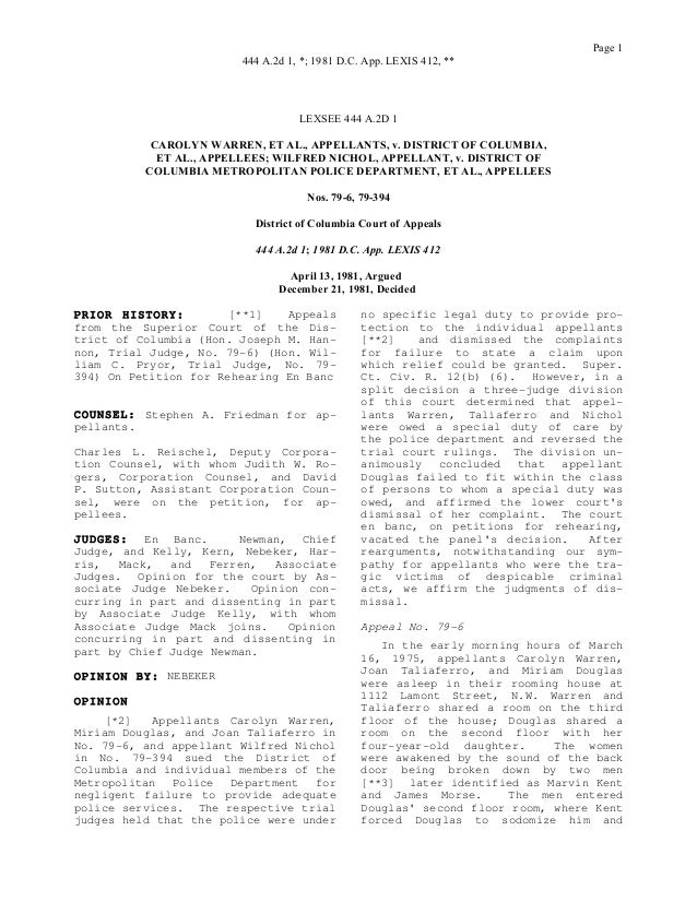 Warren V District Of Columbia 444 A 2d 1 Police Have No Duty To P Warren V District Of Columbia 444 A 2d 1 Police Have No Duty To P