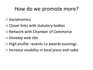 How do we promote more? Socialnomics  Closer links with statutory bodies Network with Chamber of Commerce Develop web site High profile –events i.e awards evenings Increase visability in local press and radio 