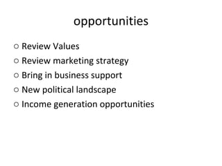 opportunities Review Values Review marketing strategy Bring in business support New political landscape Income generation opportunities 