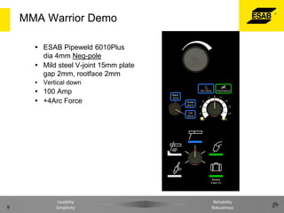 MMA Warrior Demo
 ESAB Pipeweld 6010Plus
dia 4mm Neg-pole
 Mild steel V-joint 15mm plate
gap 2mm, rootface 2mm
 Vertical down

 100 Amp
 +4Arc Force

9

Usability
Simplicity

Reliability
Robustness

 