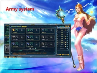 Army system
Players can form their own army in
the game. They can speed up the build
up process by participating different
events.They will get money, equipment,
techniques etc by doing so with friends.
 