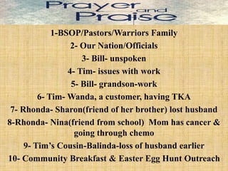 1-BSOP/Pastors/Warriors Family
2- Our Nation/Officials
3- Bill- unspoken
4- Tim- issues with work
5- Bill- grandson-work
6- Tim- Wanda, a customer, having TKA
7- Rhonda- Sharon(friend of her brother) lost husband
8-Rhonda- Nina(friend from school) Mom has cancer &
going through chemo
9- Tim’s Cousin-Balinda-loss of husband earlier
10- Community Breakfast & Easter Egg Hunt Outreach
 