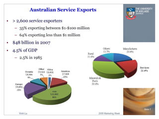 Australian Service Exports > 2,600 service exporters  35% exporting between $1-$100 million 64% exporting less than $1 million $48 billion in 2007 4.5% of GDP 2.5% in 1985 Slide  