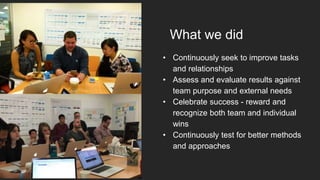 What we did
• Continuously seek to improve tasks
and relationships
• Assess and evaluate results against
team purpose and external needs
• Celebrate success - reward and
recognize both team and individual
wins
• Continuously test for better methods
and approaches
 
