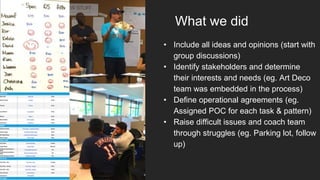 What we did
• Include all ideas and opinions (start with
group discussions)
• Identify stakeholders and determine
their interests and needs (eg. Art Deco
team was embedded in the process)
• Define operational agreements (eg.
Assigned POC for each task & pattern)
• Raise difficult issues and coach team
through struggles (eg. Parking lot, follow
up)
 