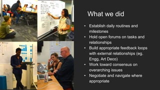 What we did
• Establish daily routines and
milestones
• Hold open forums on tasks and
relationships
• Build appropriate feedback loops
with external relationships (eg.
Engg, Art Deco)
• Work toward consensus on
overarching issues
• Negotiate and navigate where
appropriate
 