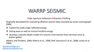 Wide Aperture Reflection Refraction Profiling
Originally developed for evaluating offshore seismic data recorded by ocean seismograph
(OBS)
 Exploit the wide-angle reflected energy
 Diving wave as well as normal incident energy
 develop a velocity depth model of a seismic time section from common shot or
station gather
(Makris and Thieben, 1984; Makris et al., 1998; Dell' Aversana P. et al., 2000, Leven et al.
2004)
1
Aghazde.kamal@ut.ac.ir
Aghazde.kamal@yahoo.com
 