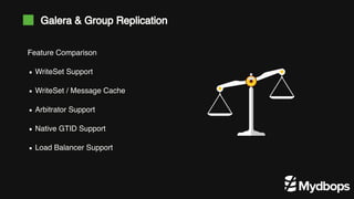 Feature Comparison
WriteSet Support
WriteSet / Message Cache
Arbitrator Support
Native GTID Support
Load Balancer Support
Galera & Group Replication
 
