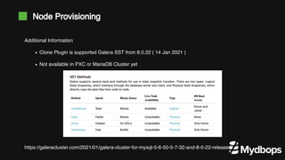 Additional Information
https://galeracluster.com/2021/01/galera-cluster-for-mysql-5-6-50-5-7-32-and-8-0-22-released/
Clone Plugin is supported Galera SST from 8.0.22 ( 14 Jan 2021 )
Not available in PXC or MariaDB Cluster yet
Node Provisioning
 
