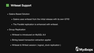 Galera Based Solution
Galera uses writeset from the initial release with its own GTID
The Parallel replication is enhanced with writeset.
Group Replication
Writeset is introduced on MySQL 8.0
Binlog based transaction extraction applier
Writeset & Writest session ( logical_clock replication )
Writeset Support
 