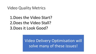 Video Quality Metrics
1.Does the Video Start?
2.Does the Video Stall?
3.Does it Look Good?
Video Delivery Optimisation will
solve many of these issues!
 