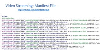 Video Streaming: Manifest File
https://hls.ted.com/talks/2208.m3u8
 