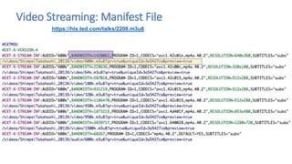 Video Streaming: Manifest File
https://hls.ted.com/talks/2208.m3u8
 