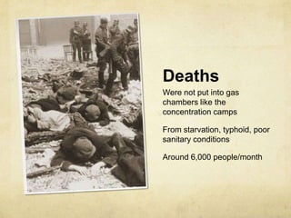 DeathsWere not put into gas chambers like the concentration campsFrom starvation, typhoid, poor sanitary conditionsAround 6,000 people/month