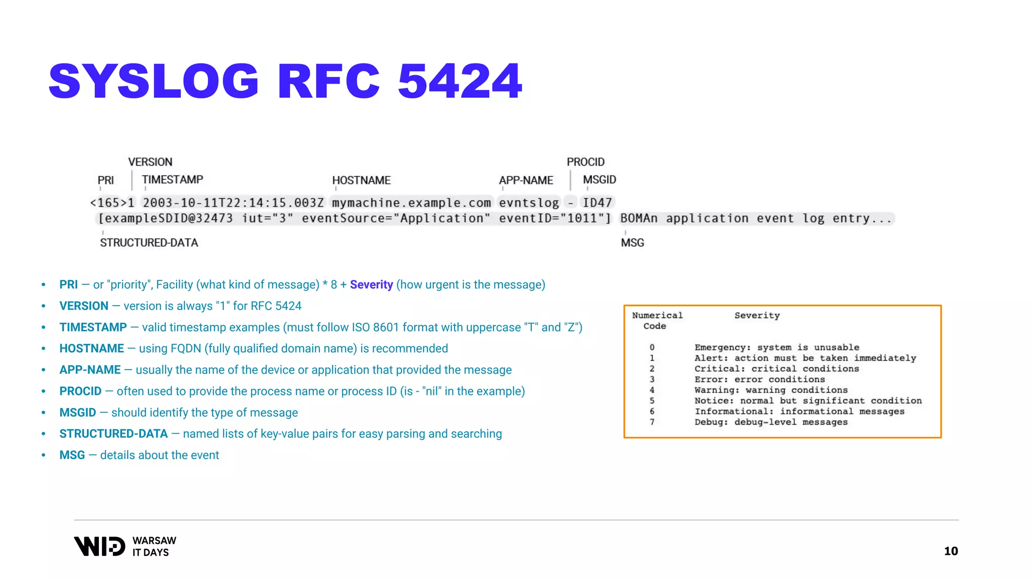 10
SYSLOG RFC 5424
• PRI — or "priority", Facility (what kind of message) * 8 + Severity (how urgent is the message)
• VERSION — version is always "1" for RFC 5424
• TIMESTAMP — valid timestamp examples (must follow ISO 8601 format with uppercase "T" and "Z")
• HOSTNAME — using FQDN (fully qualiﬁed domain name) is recommended
• APP-NAME — usually the name of the device or application that provided the message
• PROCID — often used to provide the process name or process ID (is - "nil" in the example)
• MSGID — should identify the type of message
• STRUCTURED-DATA — named lists of key-value pairs for easy parsing and searching
• MSG — details about the event
 