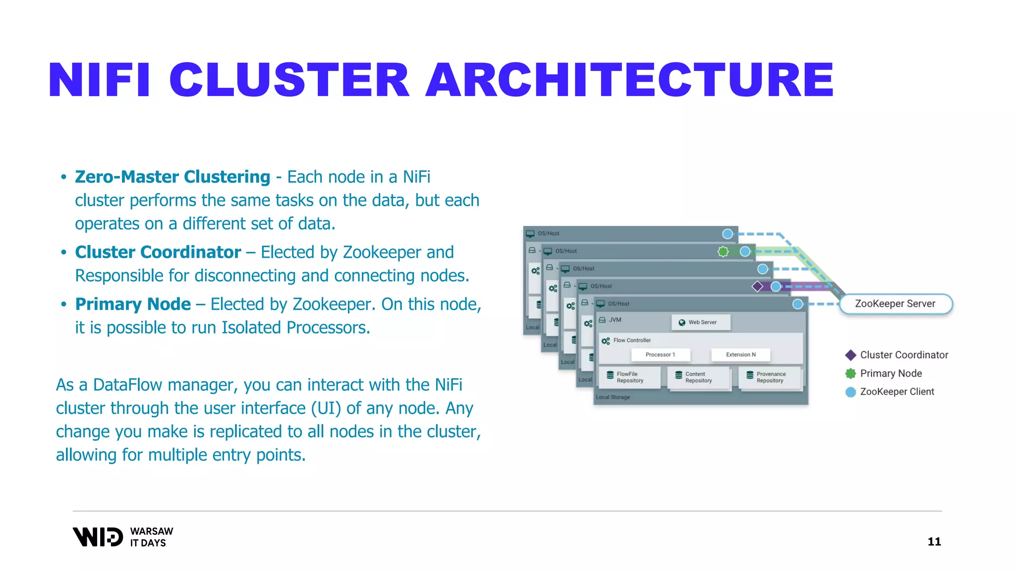 11
NIFI CLUSTER ARCHITECTURE
• Zero-Master Clustering - Each node in a NiFi
cluster performs the same tasks on the data, but each
operates on a different set of data.
• Cluster Coordinator – Elected by Zookeeper and
Responsible for disconnecting and connecting nodes.
• Primary Node – Elected by Zookeeper. On this node,
it is possible to run Isolated Processors.
As a DataFlow manager, you can interact with the NiFi
cluster through the user interface (UI) of any node. Any
change you make is replicated to all nodes in the cluster,
allowing for multiple entry points.
 
