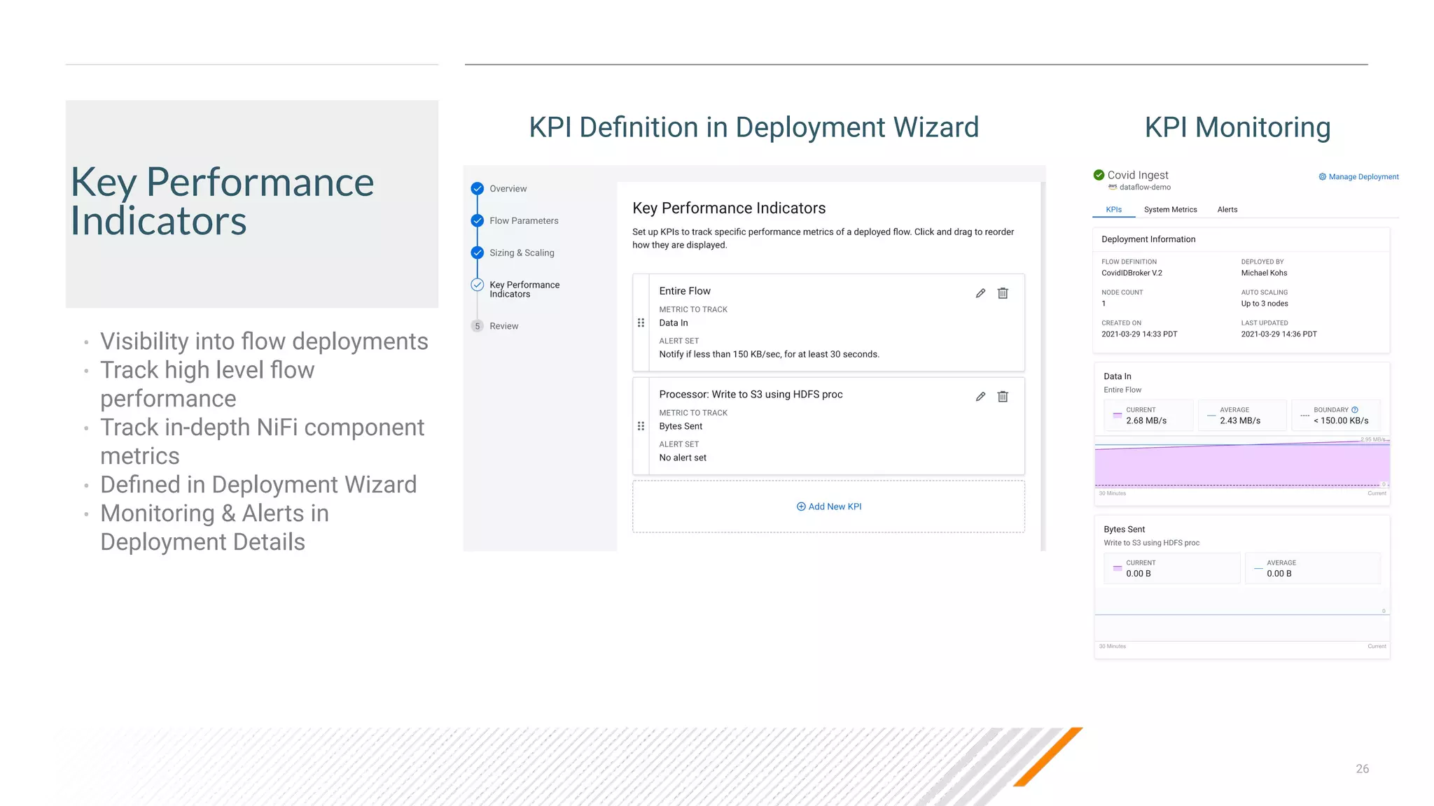 26
Key Performance
Indicators
• Visibility into ﬂow deployments
• Track high level ﬂow
performance
• Track in-depth NiFi component
metrics
• Deﬁned in Deployment Wizard
• Monitoring & Alerts in
Deployment Details
KPI Deﬁnition in Deployment Wizard KPI Monitoring
 