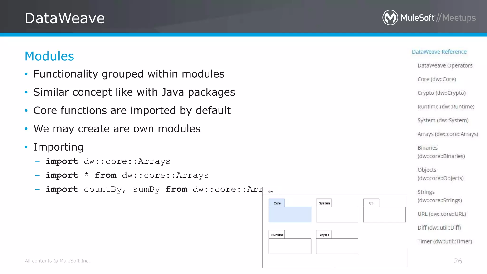 All contents © MuleSoft Inc.
Modules
DataWeave
26
• Functionality grouped within modules
• Similar concept like with Java packages
• Core functions are imported by default
• We may create are own modules
• Importing
– import dw::core::Arrays
– import * from dw::core::Arrays
– import countBy, sumBy from dw::core::Arrays
 