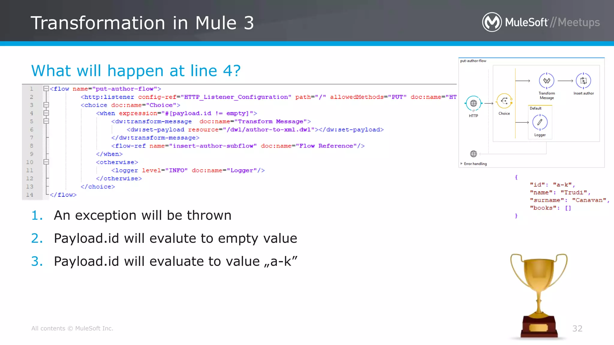 All contents © MuleSoft Inc.
What will happen at line 4?
Transformation in Mule 3
32
1. An exception will be thrown
2. Payload.id will evalute to empty value
3. Payload.id will evaluate to value „a-k”
 