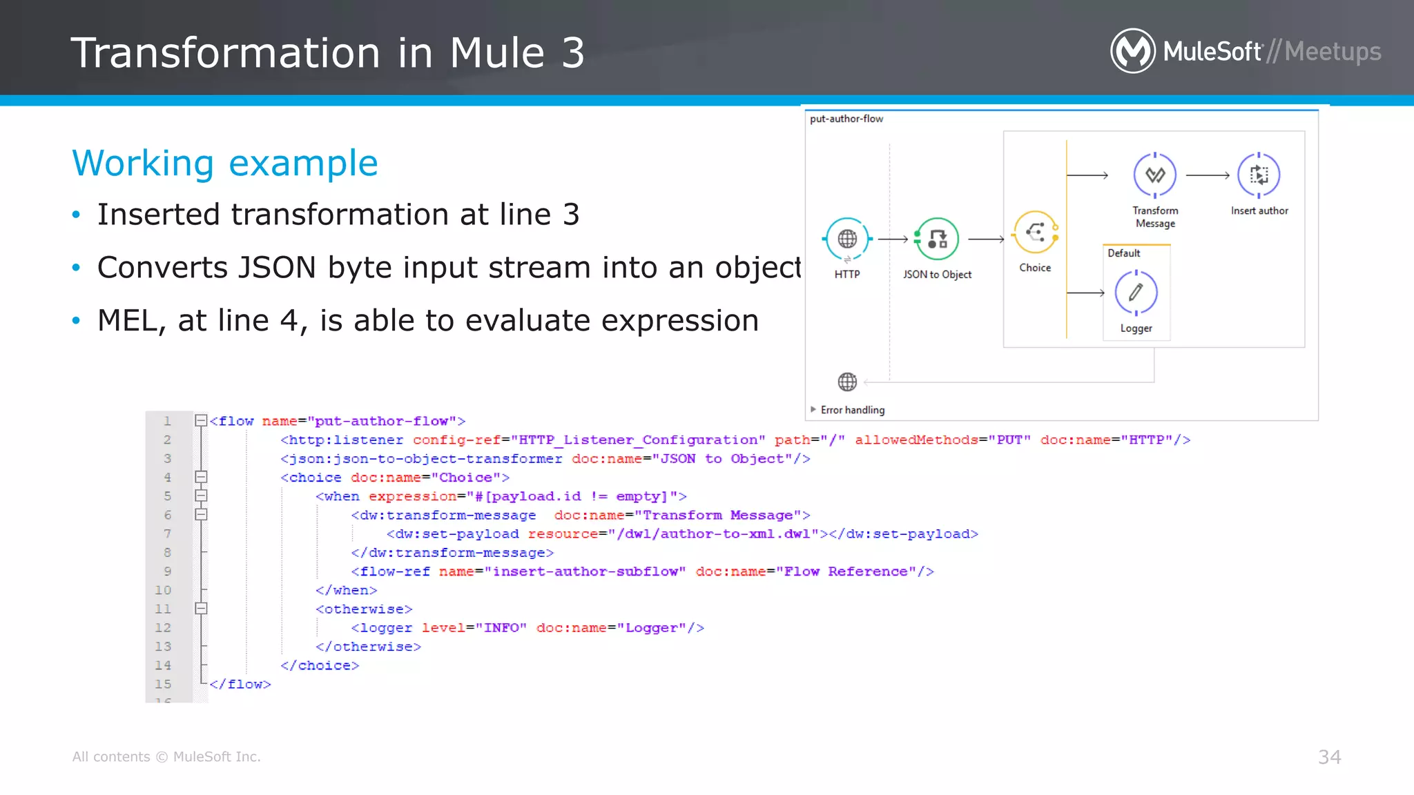All contents © MuleSoft Inc.
Working example
Transformation in Mule 3
34
• Inserted transformation at line 3
• Converts JSON byte input stream into an object
• MEL, at line 4, is able to evaluate expression
 