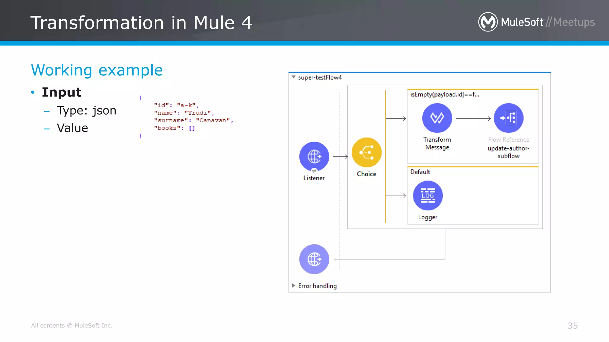 All contents © MuleSoft Inc.
Working example
Transformation in Mule 4
35
• Input
– Type: json
– Value
 