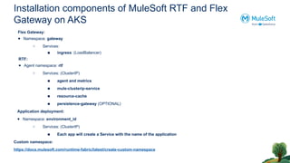 Installation components of MuleSoft RTF and Flex
Gateway on AKS
Flex Gateway:
● Namespace: gateway
○ Services:
■ ingress: (LoadBalancer)
RTF:
● Agent namespace: rtf
○ Services: (ClusterIP)
■ agent and metrics
■ mule-clusterip-service
■ resource-cache
■ persistence-gateway (OPTIONAL)
Application deployment:
● Namespace: environment_id
○ Services: (ClusterIP)
■ Each app will create a Service with the name of the application
Custom namespace:
https://docs.mulesoft.com/runtime-fabric/latest/create-custom-namespace
 